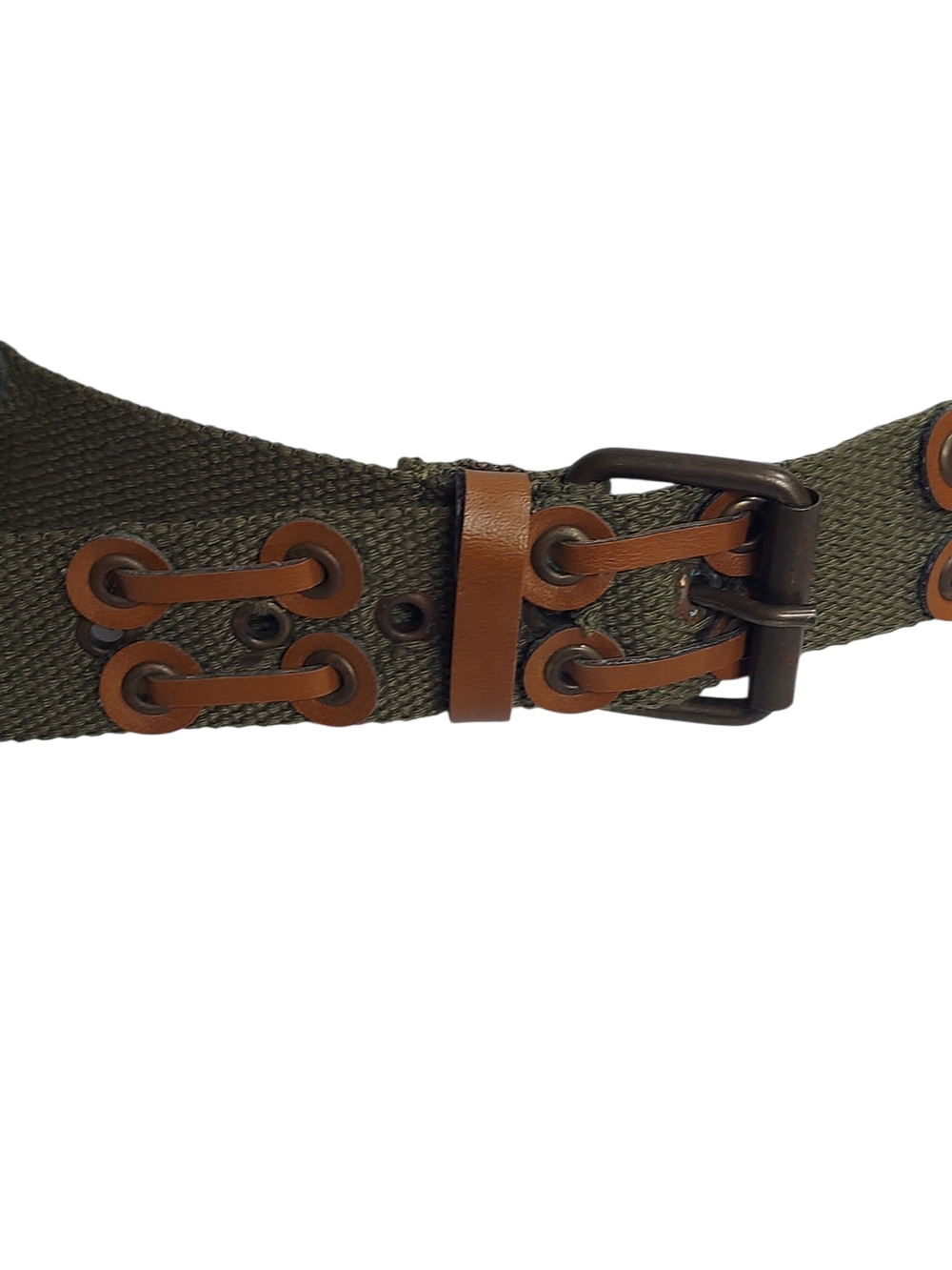 Military Inspired Olive Green Web Belt Brown Faux Leather Trim Adjustable - Picture 4 of 13